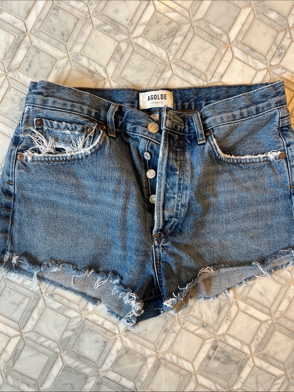 Agolde Medium Blue High-Rise Frayed Denim Cutoff Shorts- Parker shorter length